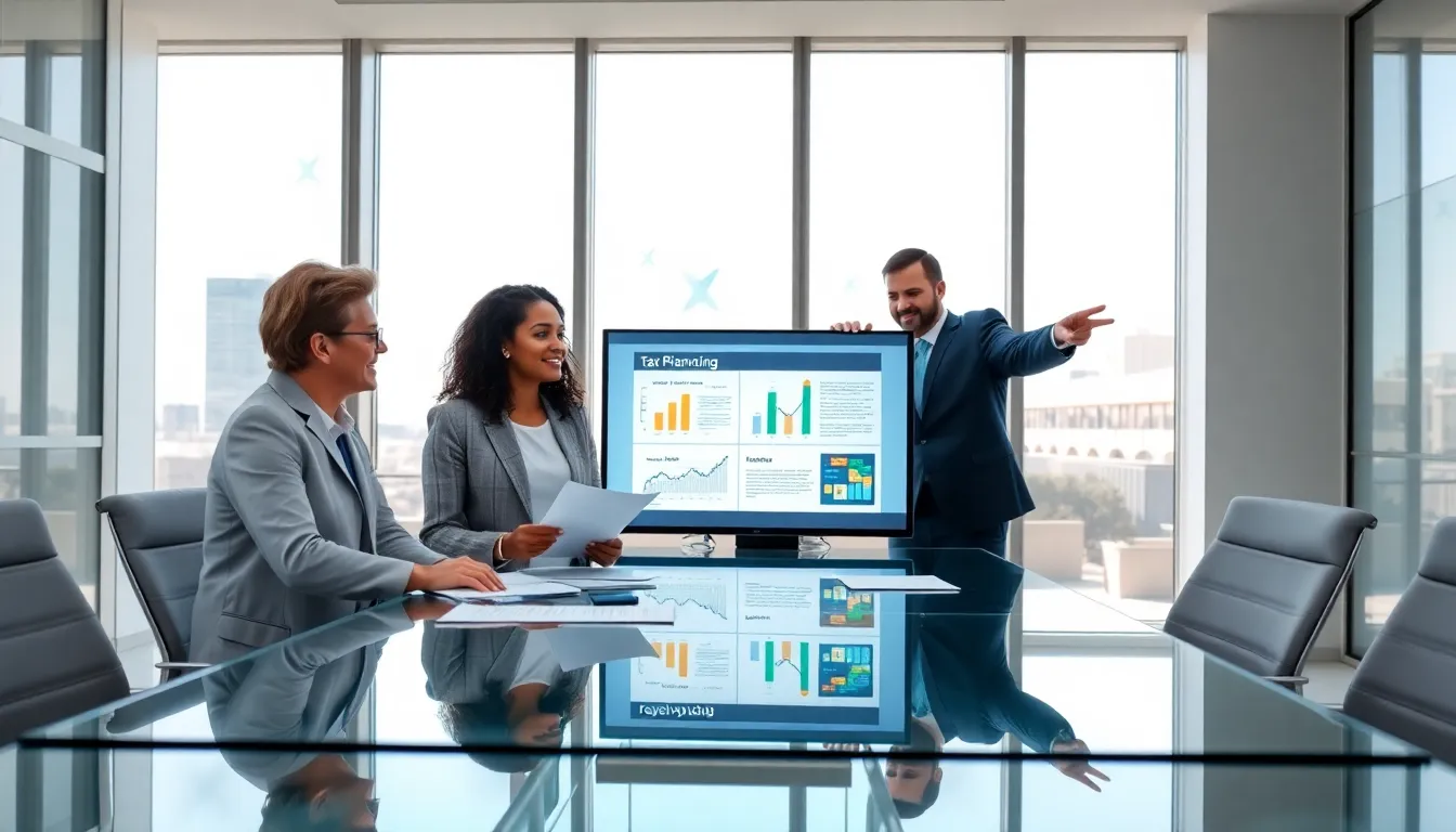 diverse team discussing tax planning strategies in a modern office.