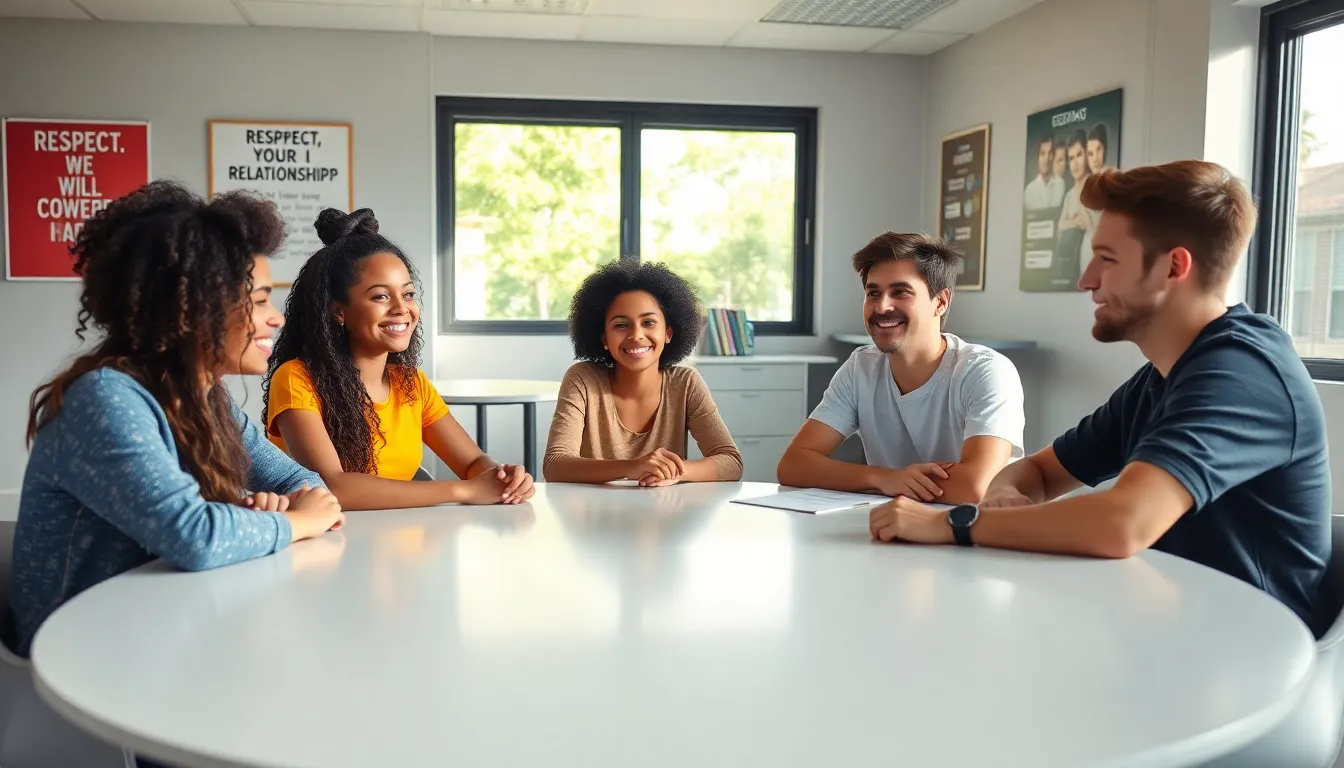 teenagers discussing healthy relationships in a modern classroom.