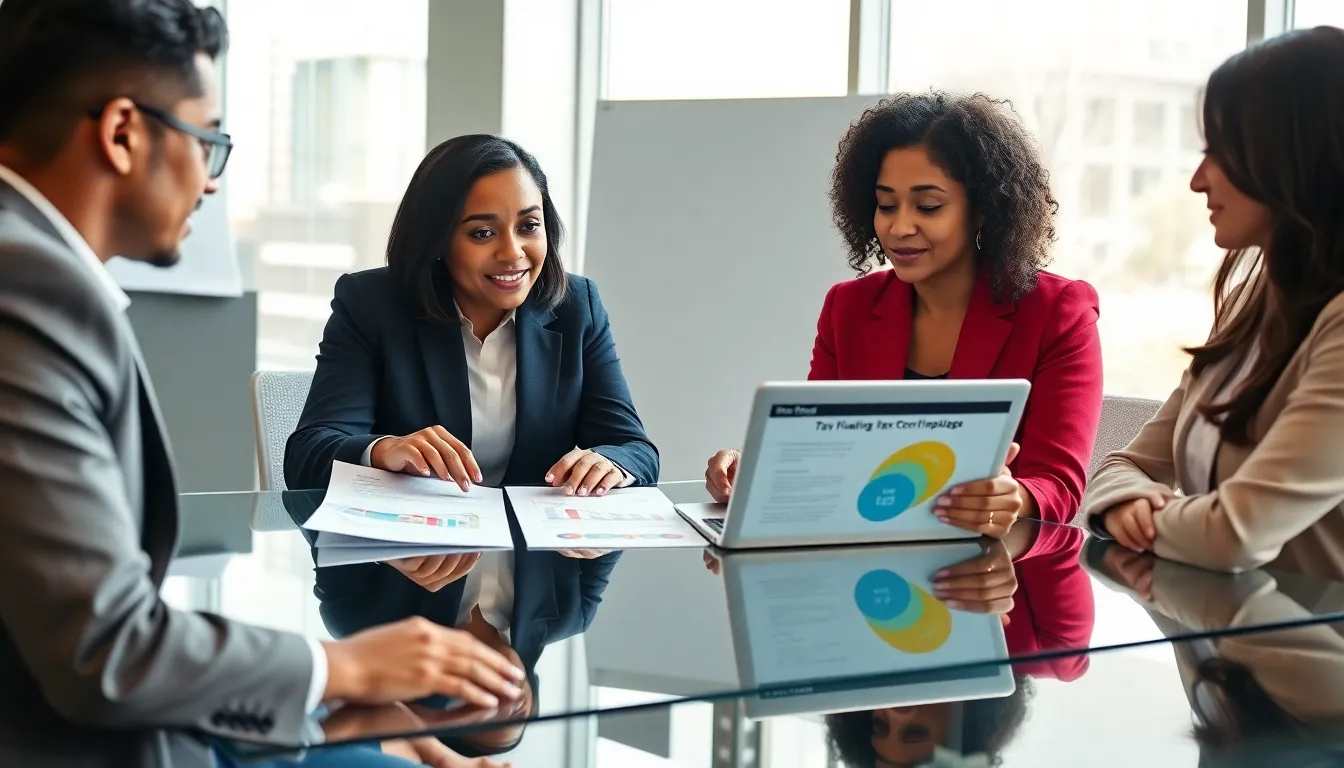 Diverse team discussing tax optimization strategies in a modern office.