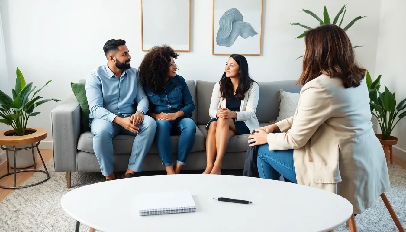 couple discussing relationship advice with a therapist in a calming environment.