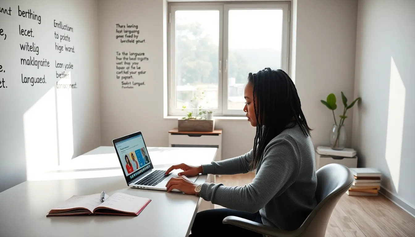individual learning a new language in a modern workspace.