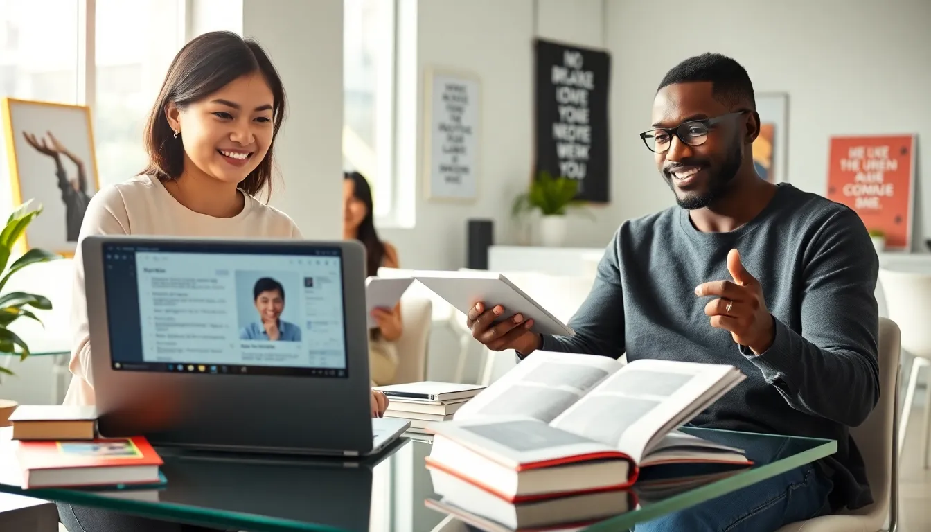 diverse group engaged in online language learning in a modern workspace.