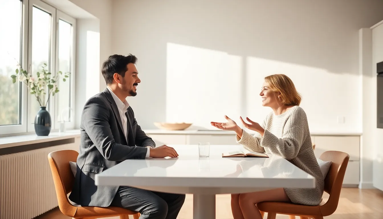 diverse couple discussing relationship advice in a modern kitchen.