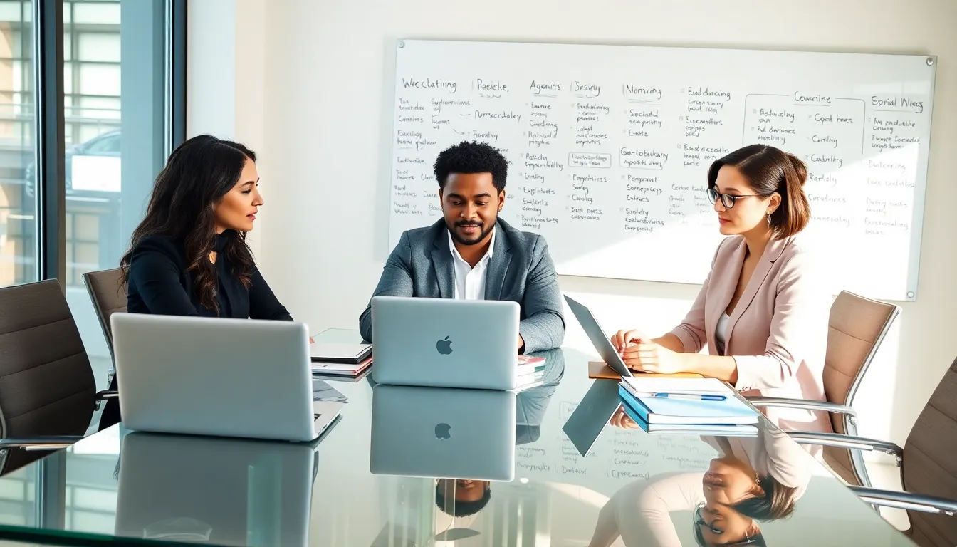 diverse professionals collaborating in a modern office on language learning.