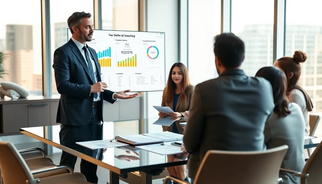 financial advisor discussing tax deferral strategies with a diverse team.
