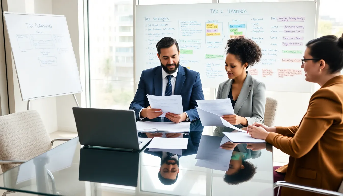 financial consultant discussing tax planning with clients in a modern office.