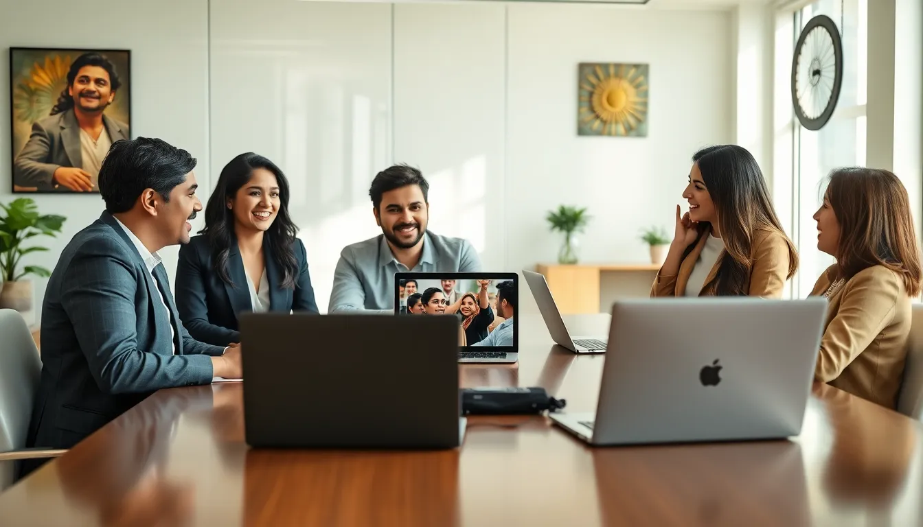 diverse professionals discussing Hindi language and culture in a modern office.