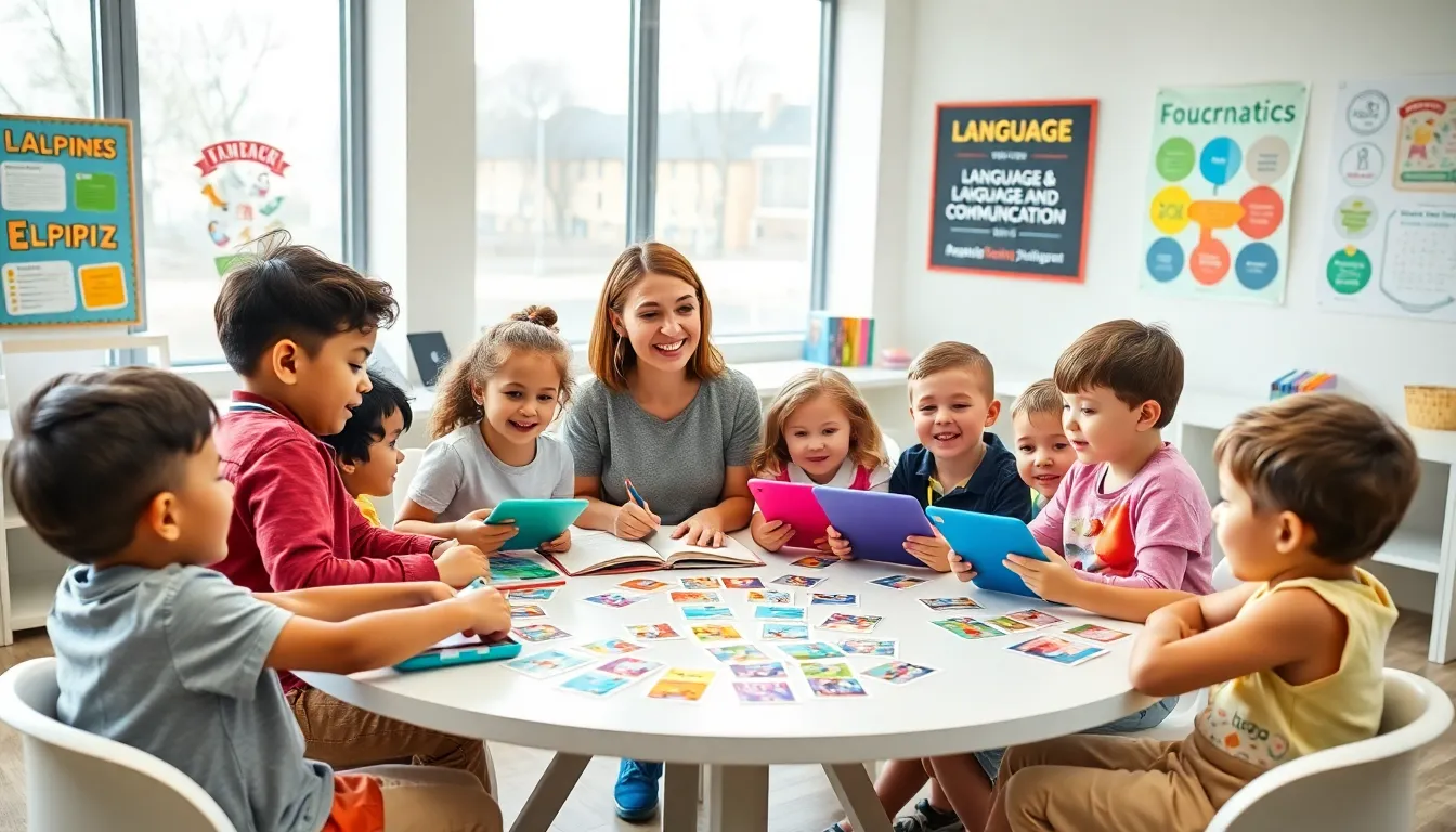 diverse children learning languages in a bright classroom.