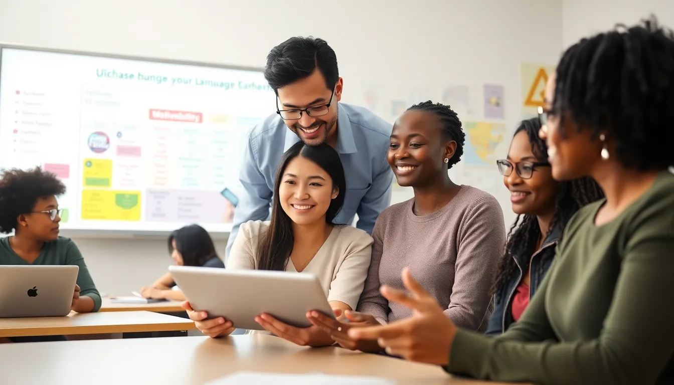 diverse adults engaging in a modern language-learning classroom.