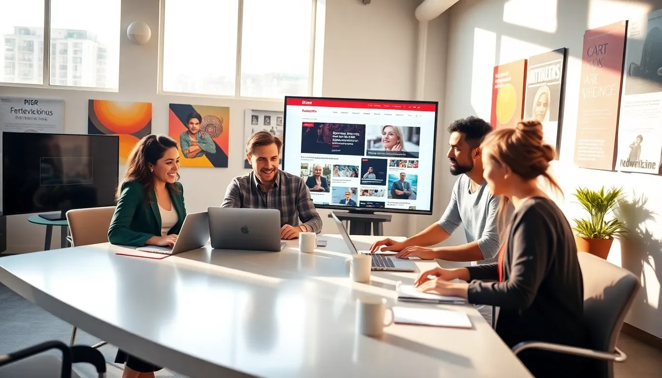 a diverse group collaborating around a table in a modern workspace.