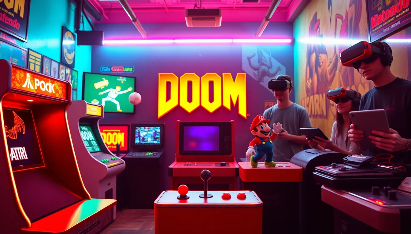 a vibrant montage of gaming evolution from Pong to modern technology.