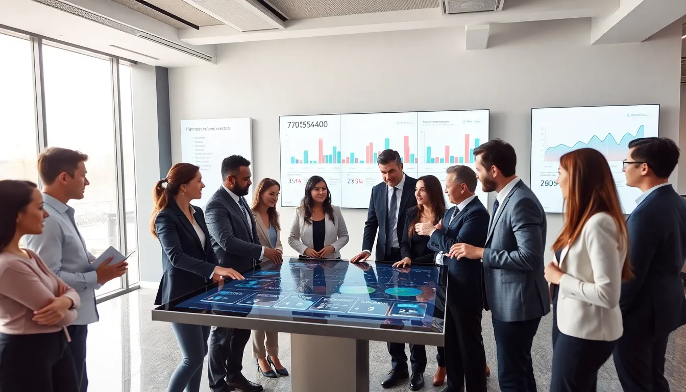 diverse team discussing telecommunications data in a modern office.